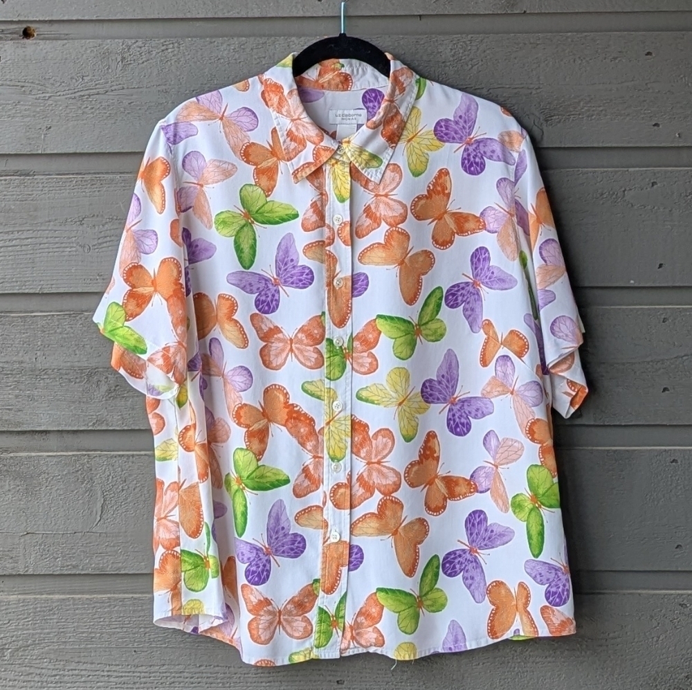 Liz Claiborne WOMAN Multicolor Butterfly Print Short Sleeve Blouse 1X 100% Silk